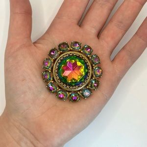 Schiaparelli Watermelon Tourmaline Vintage Round Goldtone Brooch Pin AS IS